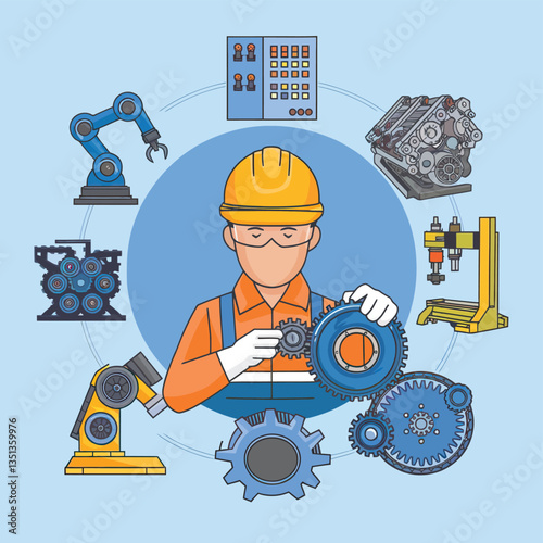2d vector illustration colorful machine , worker and Industry and its development technology, factories and production lines icon
