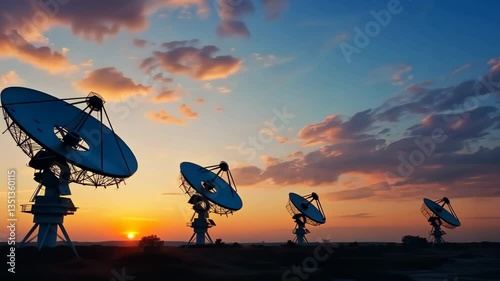 Silhouetted satellite dishes artfully capture the vibrant sunset, symbolizing remarkable advancements in telecommunication, technology, and connectivity that define our modern era and society