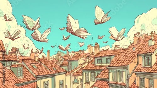Numerous open books are flying above a cityscape with rooftops
