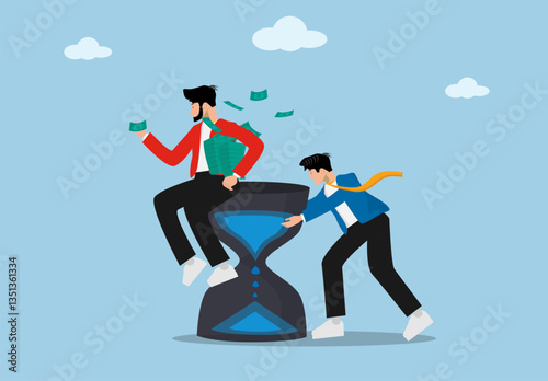 Business competition and time management concept, illustration of a businessman running out of time while another entrepreneur benefits, financial struggle, deadline pressure, and corporate race.