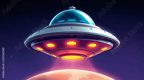 A mysterious alien spacecraft descends towards a distant planet, bathed in vibrant cosmic hues and glowing with an otherworldly light.