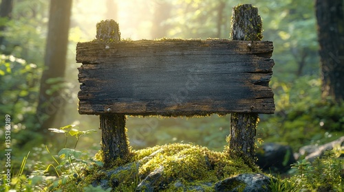 Rustic wooden sign in a sun-dappled forest