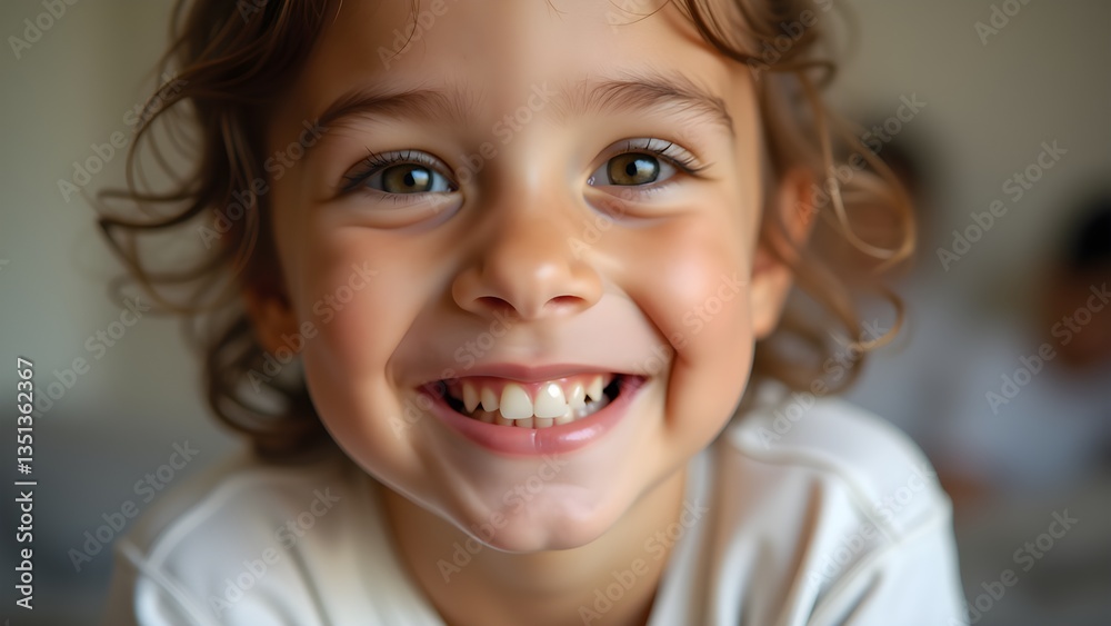 A Smiling Youngster's Face, Close-up Portrait of a Joyful Child with Hazel Eyes and Curly Brown Hair, Indoor Candid Shot A Smiling Youngster's Face, Close-up Portrait of a Joyful Child with Hazel Eyes and Curly Brown Hair, Indoor Candid Shot
