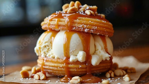 Innovative churro ice cream sandwich with vanilla ice cream, caramel drizzle, and nuts