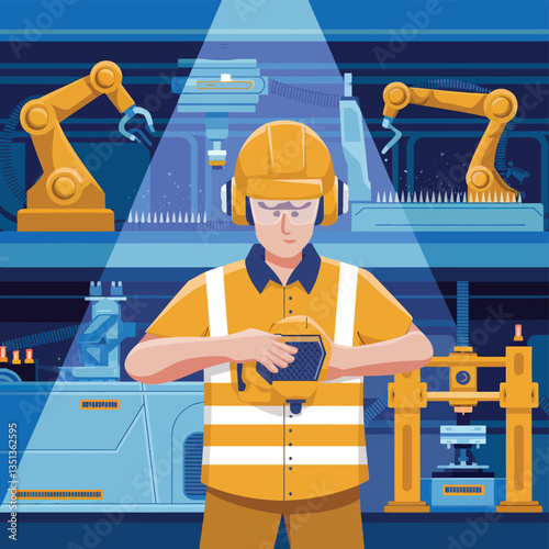 2d vector illustration colorful machine , worker and Industry and its development technology, factories and production lines icon
