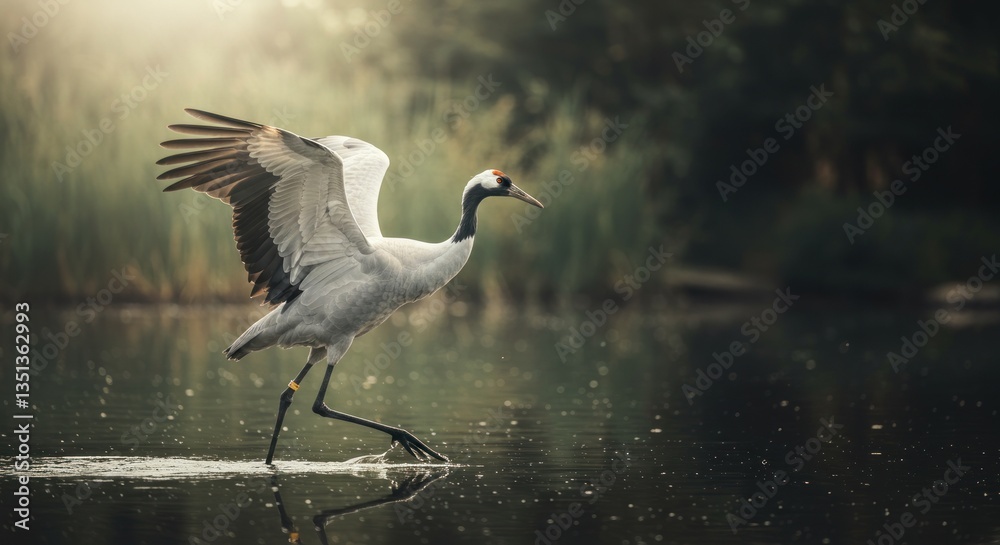 Naklejka premium Crane Bird Walking in Water with Wings Spread at Dusk