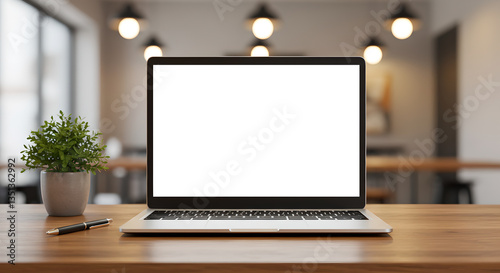 Desk Laptop with blank screen on table of coffee