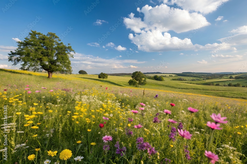 A breathtaking summer meadow bursting with wildflowers under a vibrant blue sky, showcasing a peaceful countryside landscape bathed in sunlight. A breathtaking summer meadow bursting with wildflowers under a vibrant blue sky, showcasing a peaceful countryside landscape bathed in sunlight.