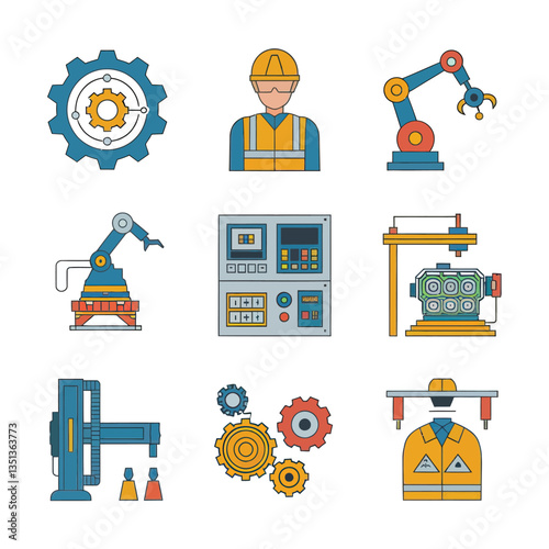 2d vector illustration colorful machine , worker and Industry and its development technology, factories and production lines icon
