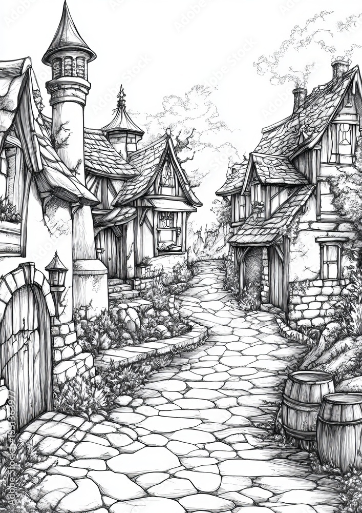 Fototapeta premium Fantasy Village Coloring Pages