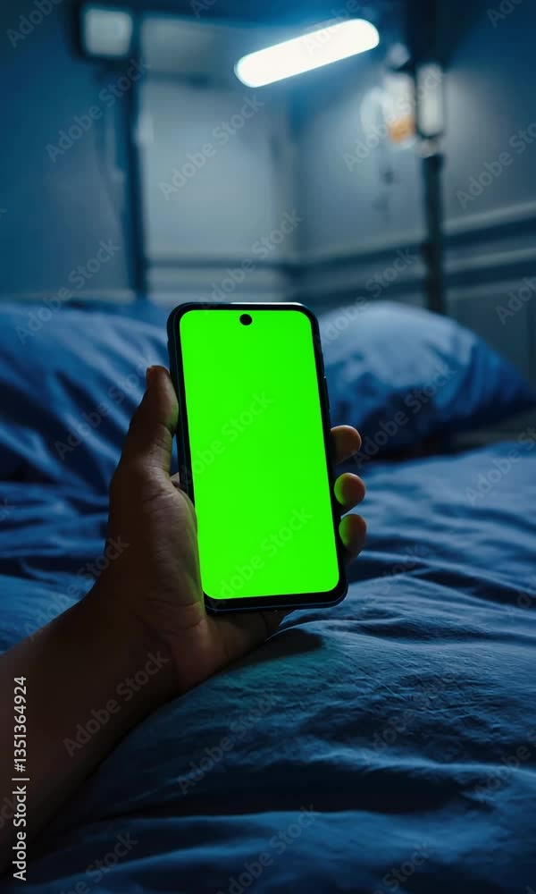 Hand Holding a Smartphone with a Green Screen in a Cozy Bedroom Setting, Perfect for Nighttime Mockups, Branding, and Digital Compositing Hand Holding a Smartphone with a Green Screen in a Cozy Bedroom Setting, Perfect for Nighttime Mockups, Branding, and Digital Compositing