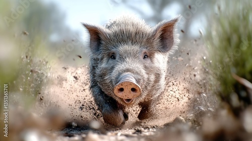 Wallpaper Mural A pig running through a dirt path, kicking up dust.  A fast-moving, spirited animal in a natural environment Torontodigital.ca