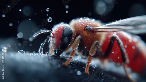 Detailed close-up of a bee covered in water droplets