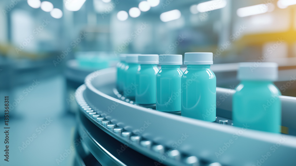 A modern production line featuring turquoise bottles moving along a conveyor belt in a well-lit industrial setting. A modern production line featuring turquoise bottles moving along a conveyor belt in a well-lit industrial setting.