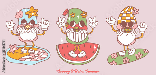 Gnome groovy retro summer illustration features playful characters enjoying sunny day with fun elements and cheerful expressions