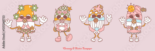 Gnome Groovy and retro summer vibes come alive with these playful characters showcasing fun styles and cheerful expressions