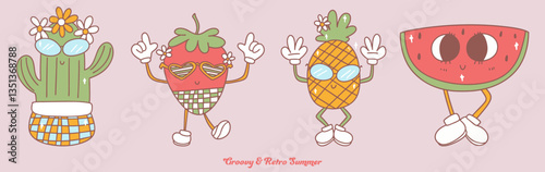 Groovy and retro summer vibes come alive with these playful fruit characters enjoying sunny season
