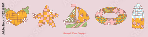 groovy retro summer design features playful shapes like hearts stars and boats that evoke fun and nostalgic vibe perfect for sunny days