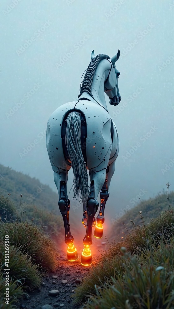 Naklejka premium Robot horse runs with sparks flying out from under its hooves in a foggy area. Horse symbol 2026