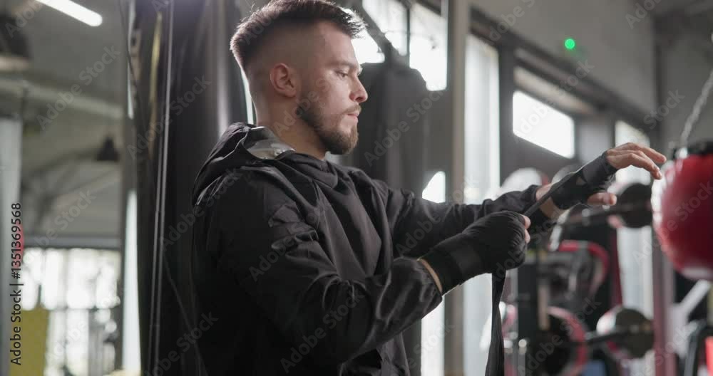 A young man in a dark tracksuit wraps bandages around his hands before a boxing match or other fighting competition or training A young man in a dark tracksuit wraps bandages around his hands before a boxing match or other fighting competition or training