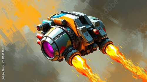 A futuristic spacecraft with vibrant colors blazes through a smoky, orange-hued sky leaving fiery trails of exhaust.