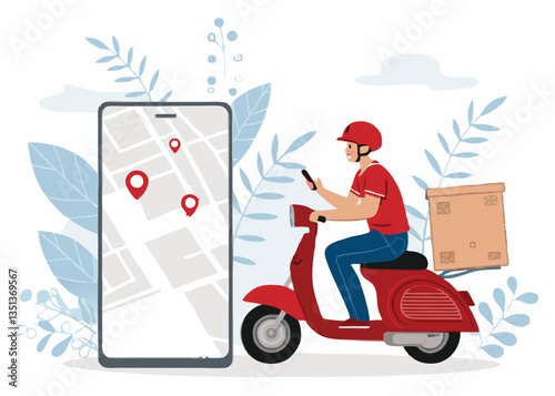 Illustration of a delivery man riding a scooter with a parcel box, using a smartphone GPS app for navigation, with a map and location pins shown on a large mobile screen

