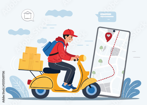 Illustration of a delivery man riding a scooter with a parcel box, using a smartphone GPS app for navigation, with a map and location pins shown on a large mobile screen

