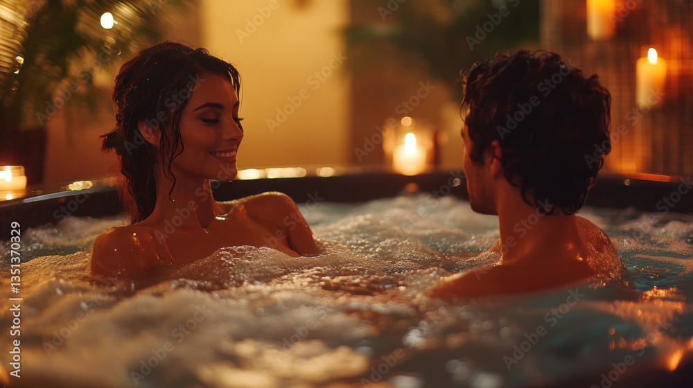 SPA, A couple enjoys relaxation in a luxurious spa jacuzzi surrounded by soft bubbles. SPA, A couple enjoys relaxation in a luxurious spa jacuzzi surrounded by soft bubbles.