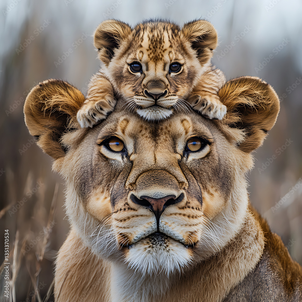 lioness with cub resting on her head showcases tender moment between mother and child in wild. bond is evident in their expressions, highlighting beauty of nature lioness with cub resting on her head showcases tender moment between mother and child in wild. bond is evident in their expressions, highlighting beauty of nature