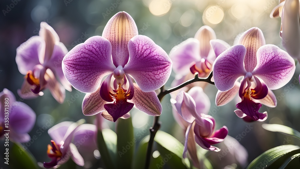 Close-up delicate pink phalaenopsis orchids illuminated soft sunlight. Close-up delicate pink phalaenopsis orchids illuminated soft sunlight.
