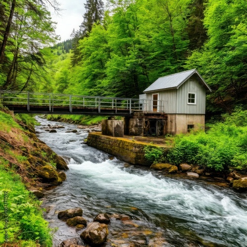 Small hydroelectric plant on a stream surrounded by nature. Generated AI