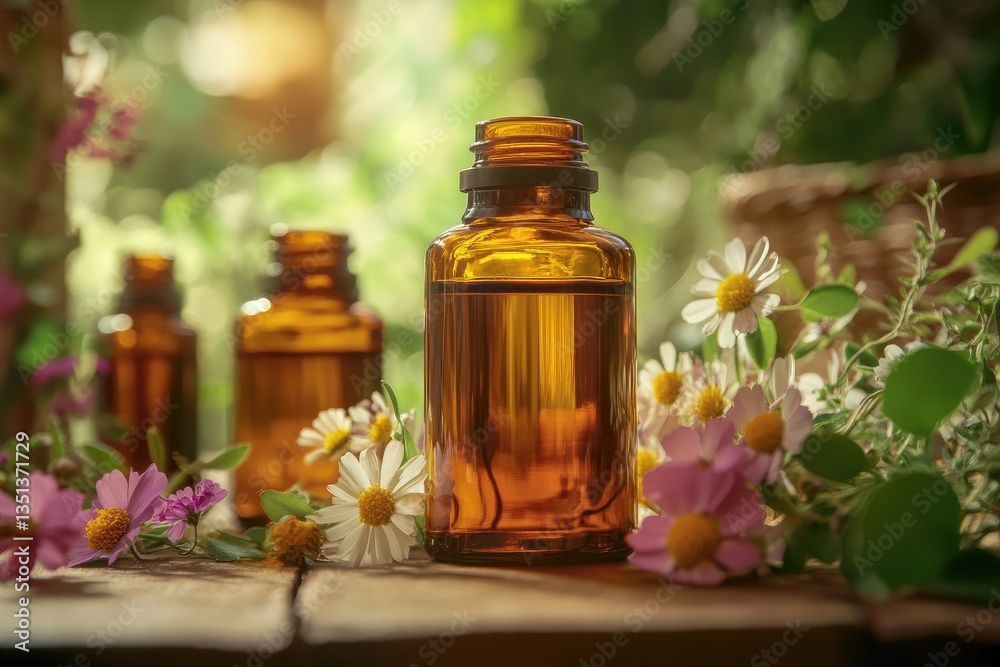 Amber Essential Oils on Wooden Table Surrounded by Flowers in Garden Setting Amber Essential Oils on Wooden Table Surrounded by Flowers in Garden Setting