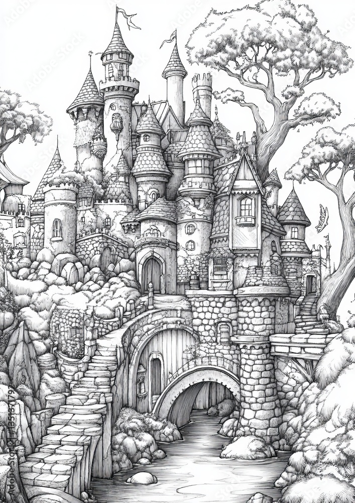 Fototapeta premium Fantasy Village Coloring Pages