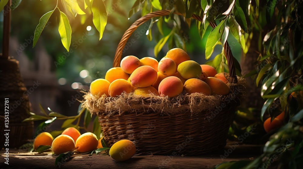 Ripe mangos in a basket under the mango tree, Generative AI. Ripe mangos in a basket under the mango tree, Generative AI.