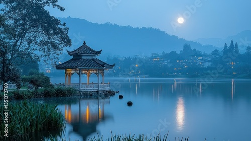 Serene moonlit lake scene with a traditional pavilion