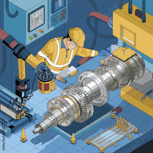 2d vector illustration colorful machine , worker and Industry and its development technology, factories and production lines icon
