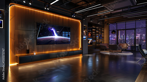 A 3D-rendered TV studio with a wall-mounted TV serves as an ideal backdrop for TV shows, news broadcasts, and green screen or chroma key video and photo