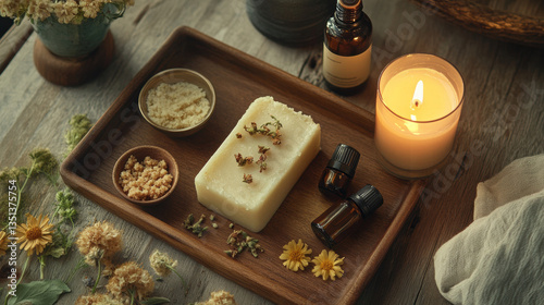 SPA, A top-down view of a spa tray with essential oils, showcasing tranquility and relaxation.