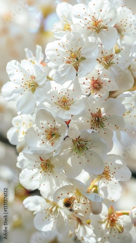 Blooming white flowers, close-up view, sunny day, bees in background.  Possible use Springtime floral
