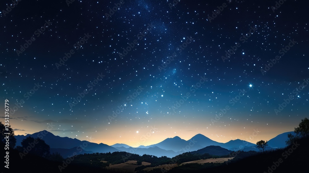 Serene Night Sky Over Majestic Mountains with Twinkling Stars and Gradients of Color Reflecting Tranquil Atmosphere at Dusk, Perfect for Nature and Astronomy Themes Serene Night Sky Over Majestic Mountains with Twinkling Stars and Gradients of Color Reflecting Tranquil Atmosphere at Dusk, Perfect for Nature and Astronomy Themes