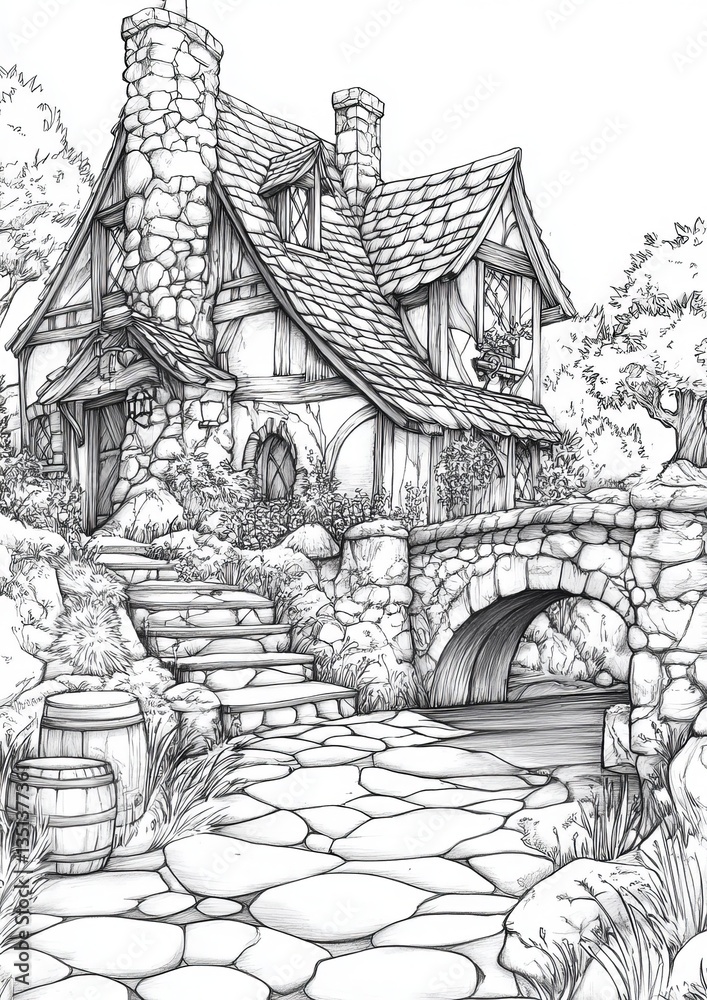 Obraz premium Fantasy Village Coloring Pages