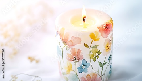 Charming watercolor candle with floral elements, shown on a bright white background, captured in full ultra HD.