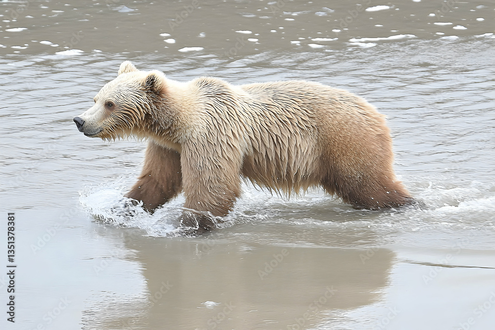 Fototapeta premium Majestic Grizzly Bear Walking Through Shimmering Water