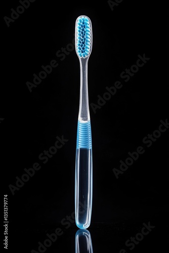 A single blue toothbrush sitting on a black surface, ready for use