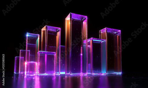 Glass transparent square shapes flying on black background render