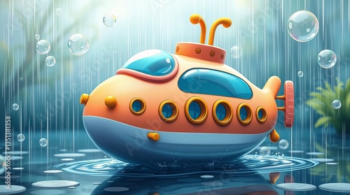 A whimsical orange submarine bravely navigating a gentle rain shower, showcasing vibrant colors and playful cartoonish charm with bubbly reflections in the water.