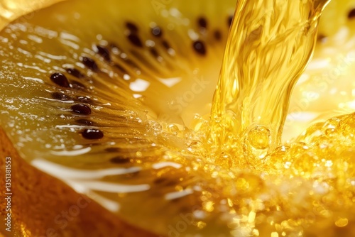 Golden kiwi extract flows like soft glowing amber light, illuminating its vibrant essence and rich texture.