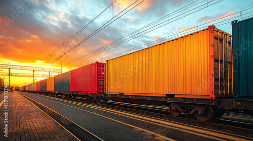 Sunset Freight Train: Colorful Cargo Containers on Rails, Global Logistics and Transportation photo