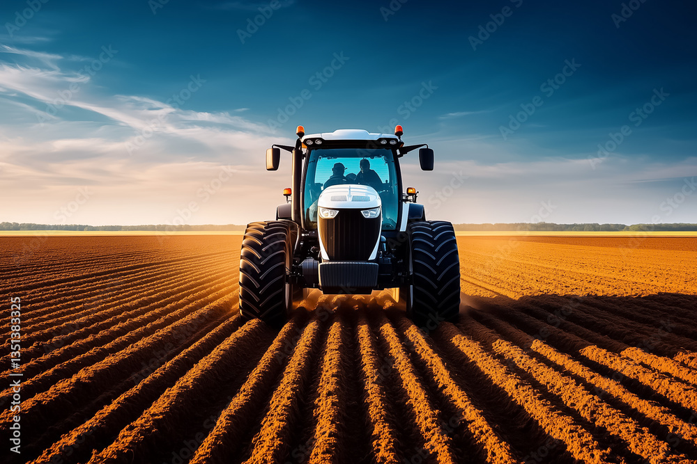 Fototapeta premium Tractor cultivating freshly plowed field, vibrant sunset sky overhead, smooth brown earth with distinct furrows, concept of agriculture, farming operations, outdoor work, machinery in action