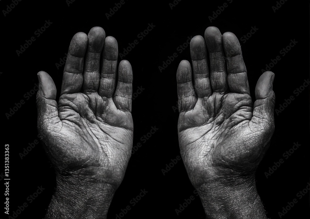 Fototapeta premium A hands reach out to each other on a black background